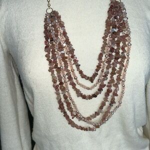 Long six strands of beautiful rose quartz chips,  fresh water pearls necklace